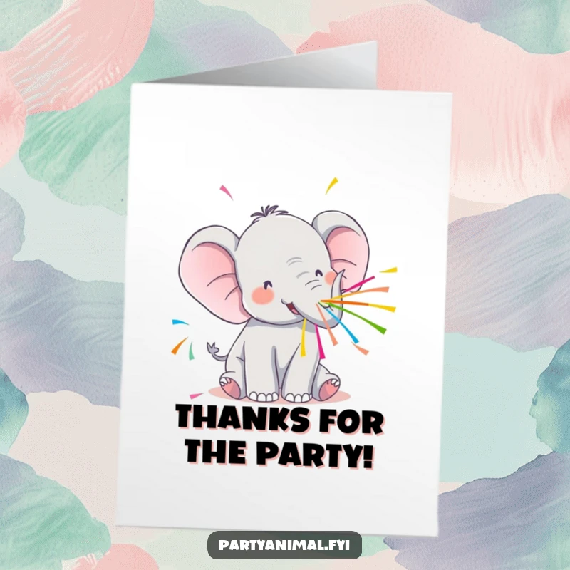 Funny Free Printable thank you card with a Kawaii elephant spraying colorful streamers, conveying heartfelt appreciation.