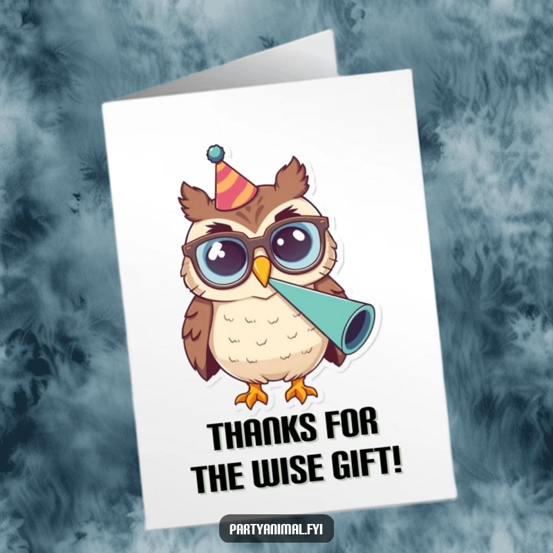 Funny Free Printable Thank You Card: An owl with large glasses, blowing a party horn, projecting loud and clear gratitude.