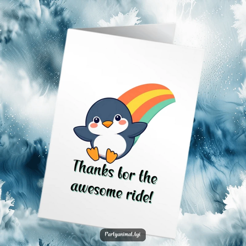 Funny Free Printable Thank You Card: A penguin with a determined grin slides down a bright rainbow, sending thanks.