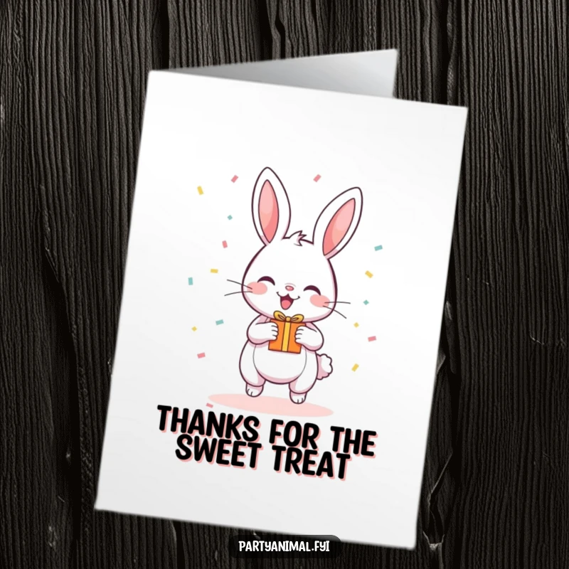 Funny Free Printable Thank You Card: A happy bouncing bunny holds a tiny gift surrounded by falling confetti, grateful.