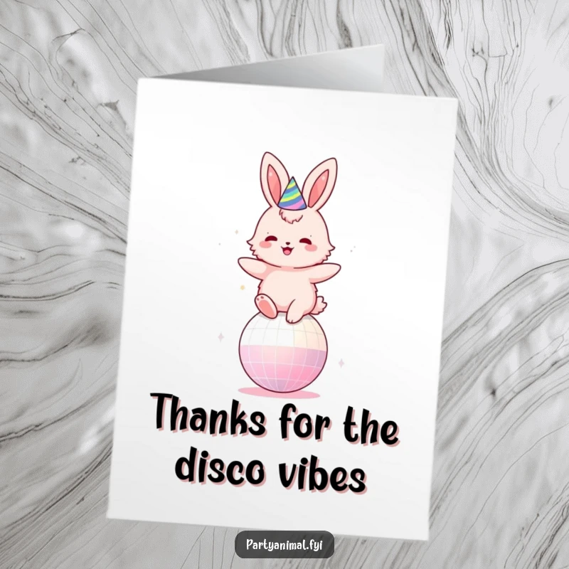 Funny Free Printable Thank You Card of a joyful pink bunny in a party hat enthusiastically bouncing on a glittering disco ball.