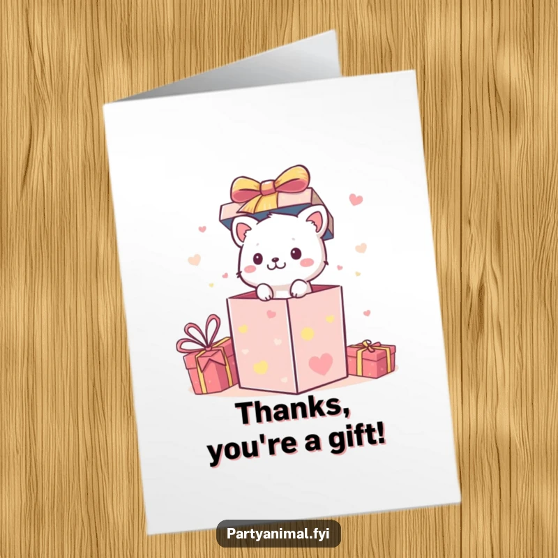 Funny Free Printable Thank You Card: Small animal character bursting out of a festive gift box, delivering thanks with excitement. Downloadable greeting.