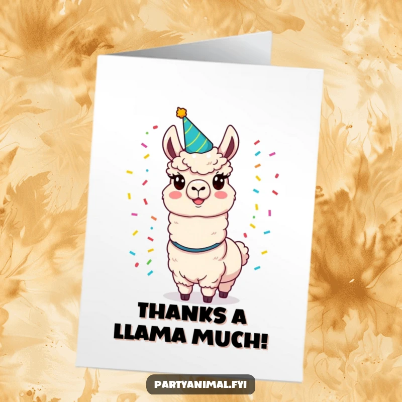 Funny Free Printable Thank You Card: Cheerful llama juggling confetti, expressing gratitude in a comical way, downloadable art.