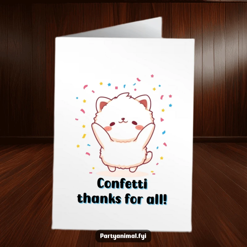 Funny Free Printable Thank You Card: A cheerful fluffy animal showers confetti, a vibrant, downloadable thank you art piece.