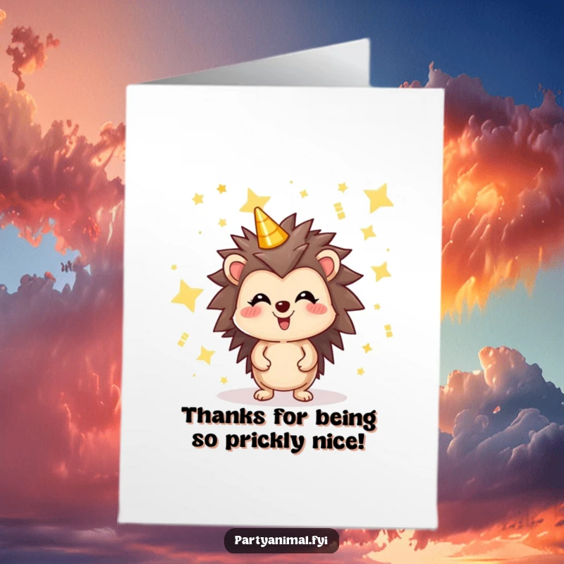 Funny Free Printable thank you card: a joyful hedgehog sparkling amidst floating, shimmering party stars, expressing thanks.