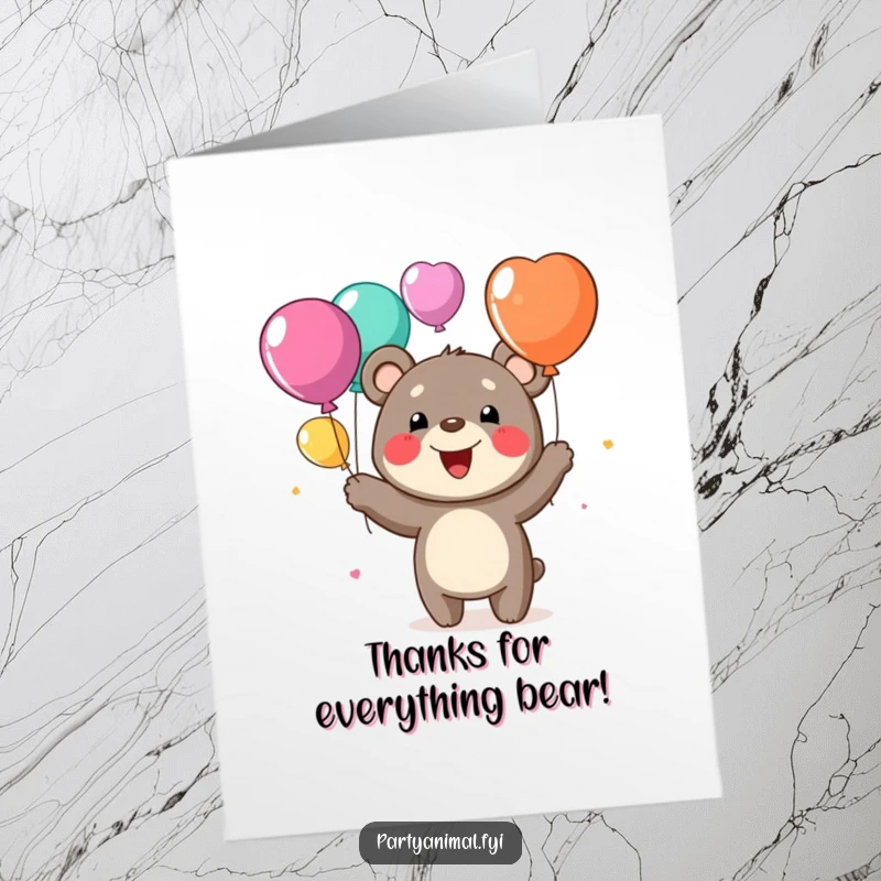 Funny Free Printable Thank You Card: A grinning bear juggles colorful balloons, offering a heartfelt and humorous thank you.