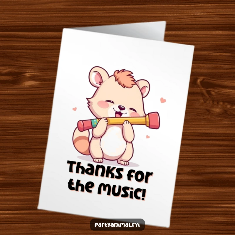 Funny Free Printable Thank You Card: Animal character enthusiastically playing a tiny, colorful kazoo to express thanks. Downloadable greeting.
