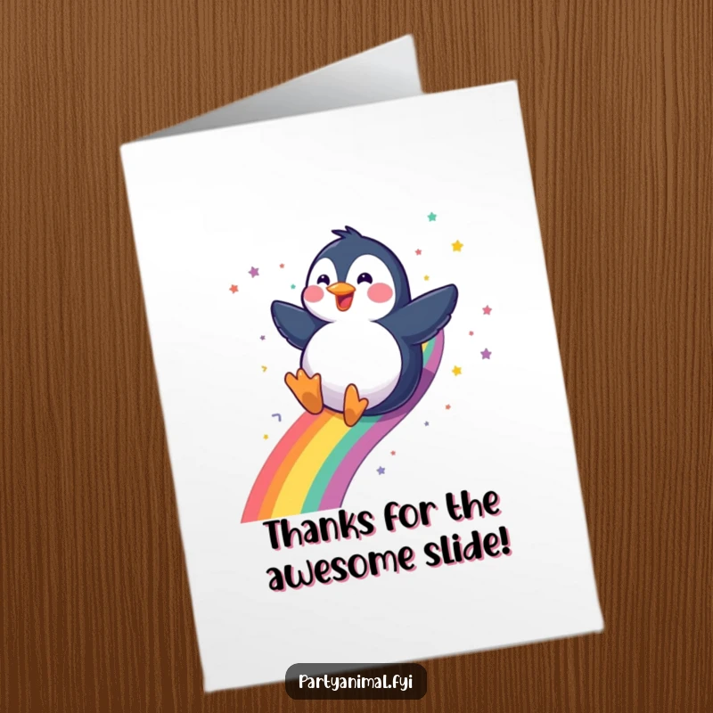 Funny Free Printable Thank You Card: A gleeful penguin sliding down a rainbow, leaving a confetti trail, expressing sincere thanks.