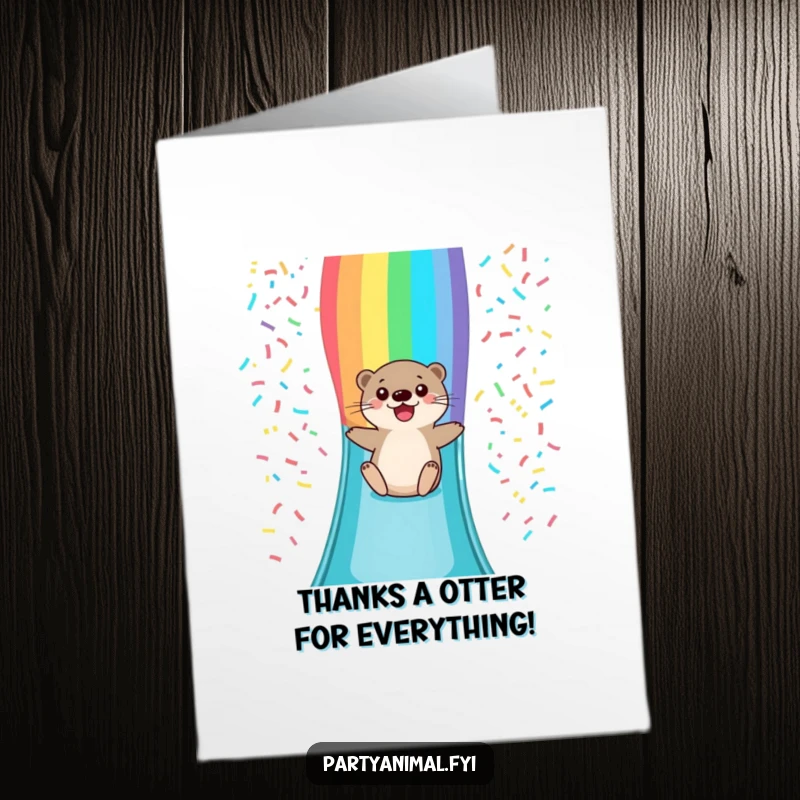 Funny Free Printable thank you card: otter gleefully sliding down a rainbow confetti slide, expressing thanks.