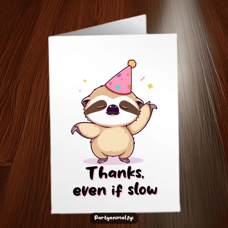Funny free printable thank you card featuring a sleepy sloth in a party hat doing a slow-motion macarena out of thanks.