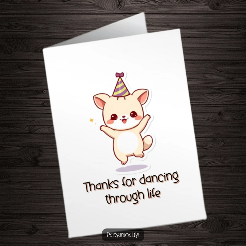 Funny Free Printable Thank You Card featuring a cute animal character dancing merrily in a party hat, offering a fun thanks.