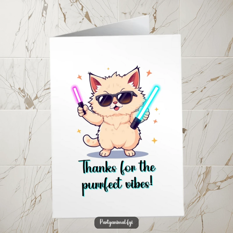 Funny free printable thank you card featuring a cool cat in shades and glow sticks, dancing out a big dose of thanks.