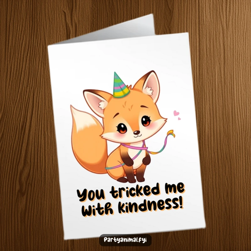 Funny Free Printable Fox Thank You Card: A curious fox with a party streamer around its tail, looking grateful.