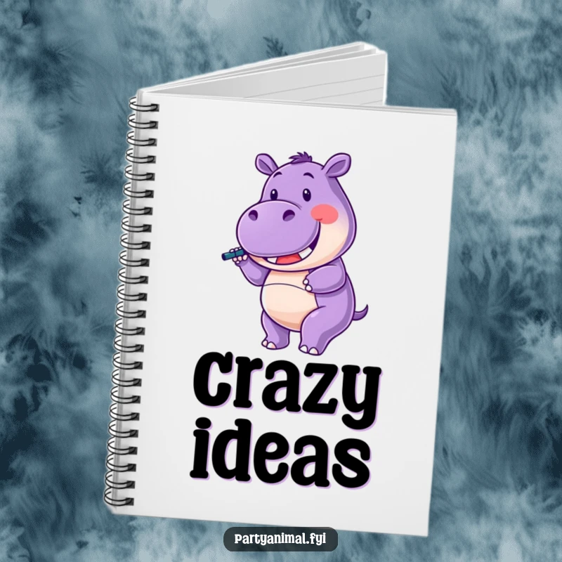 Funny Notebook featuring a purple hippo character happily twirling a noisemaker with a wide smile, perfect for notes.
