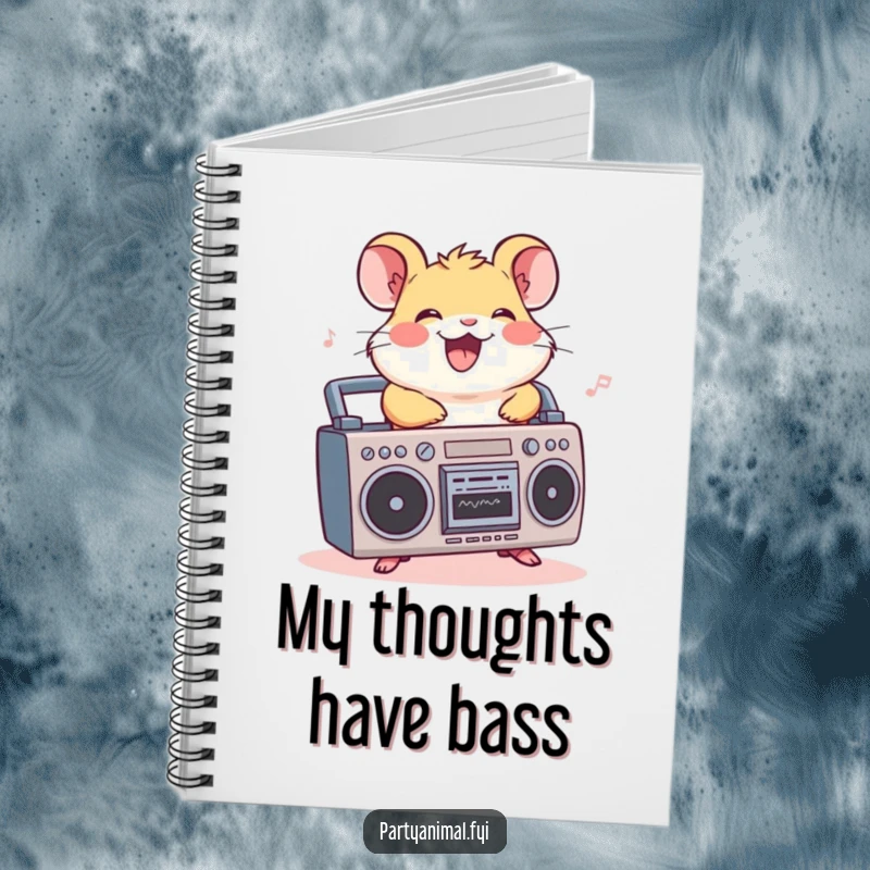 Funny hamster notebook, a cheerful character riding a boombox, grooving to music, perfect for jotting down song lyrics or ideas.