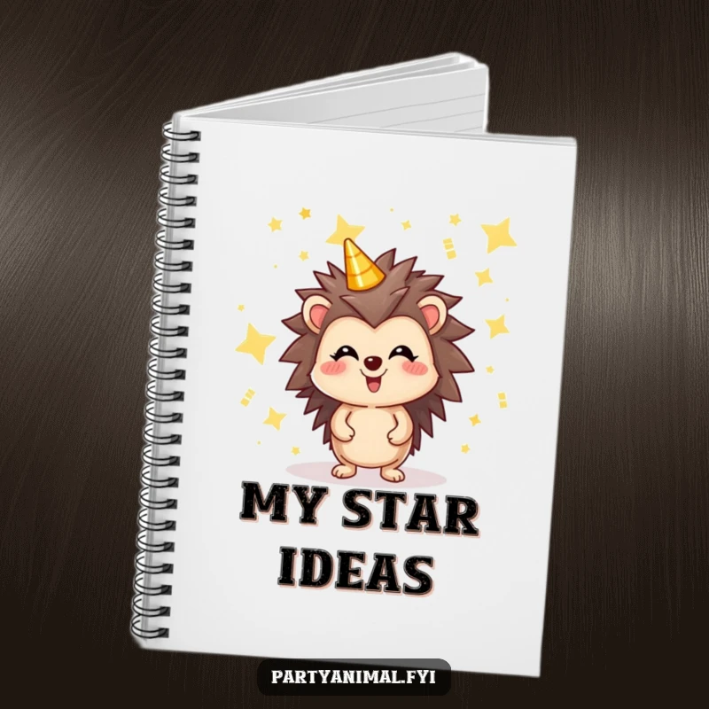 Funny notebook featuring a joyful hedgehog character surrounded by floating, shimmering party stars, ideal for capturing happy thoughts and ideas.