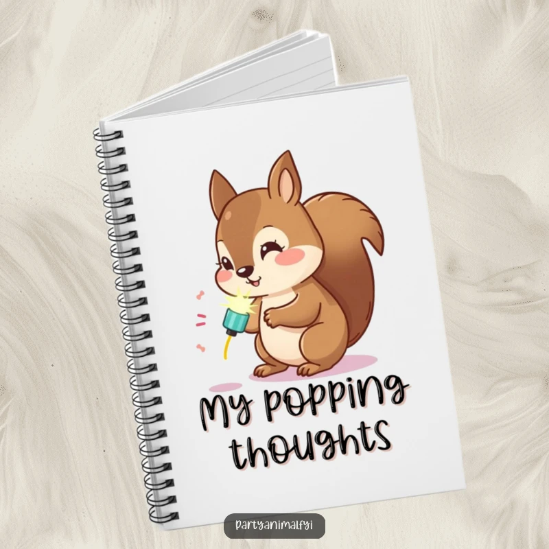 Funny Kawaii Squirrel Notebook: Cute squirrel examining a glowing party popper, perfect for jotting down curious thoughts and ideas.