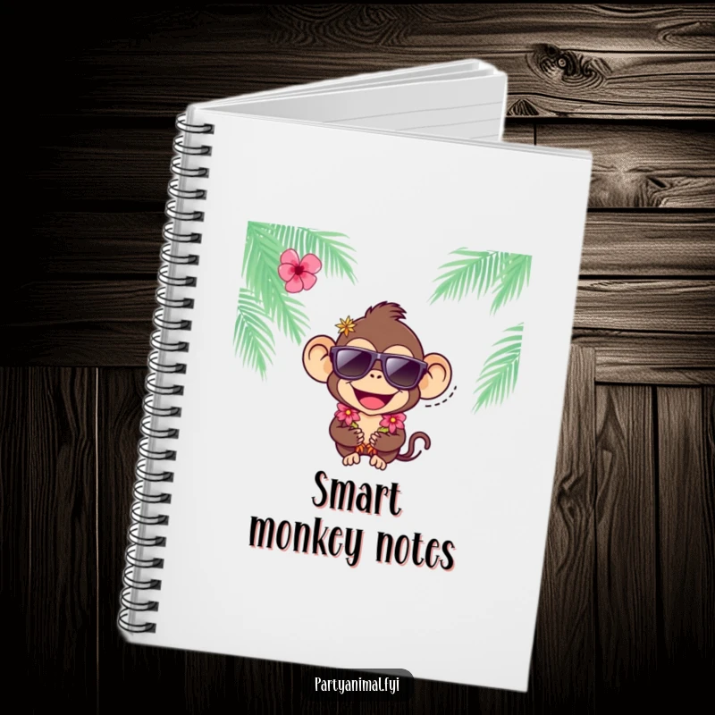 Funny joyful monkey character wearing sunglasses and a lei on a notebook cover, inspiring fun and tropical vibes.