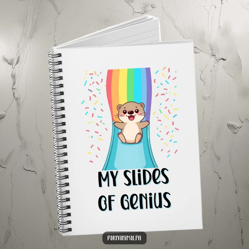 Funny notebook with a happy otter character sliding down a vibrant rainbow confetti slide, ideal for capturing thoughts with a smile.