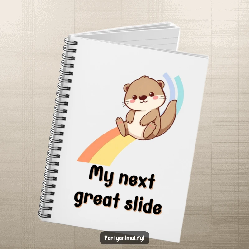 Funny Otter Notebook: An energetic otter slides down a colorful streamer rainbow, inspiring joyful note-taking and creative thoughts.