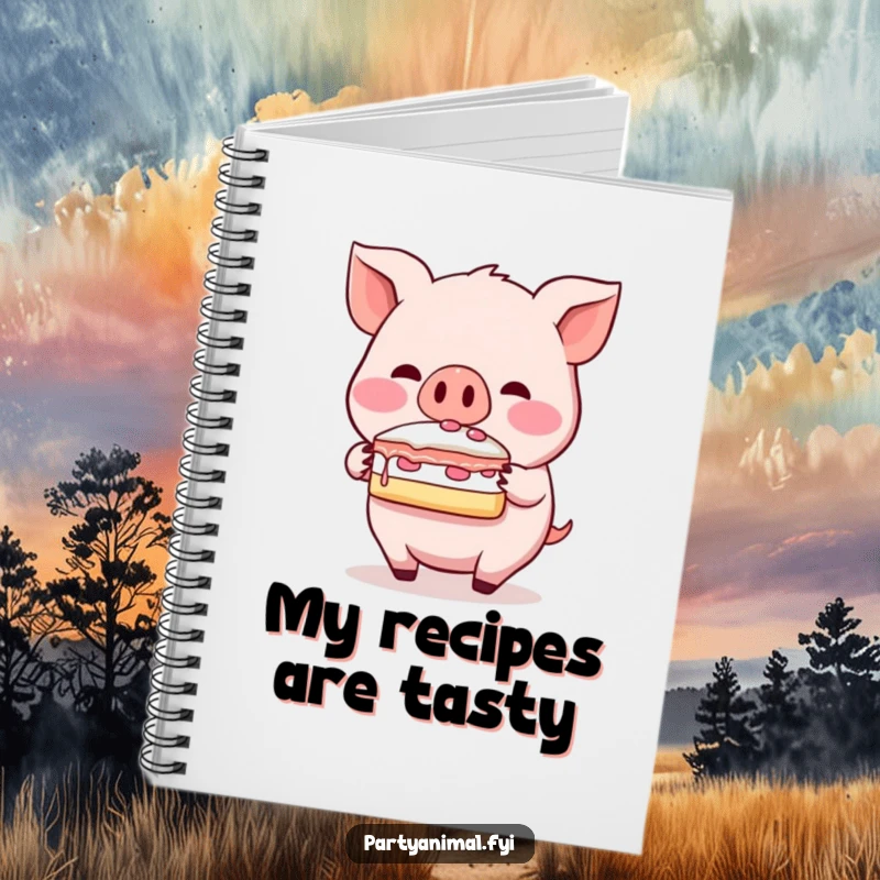 Funny pig notebook, a blushing character balancing a slice of cake on its snout, perfect for jotting down recipes or sweet thoughts.