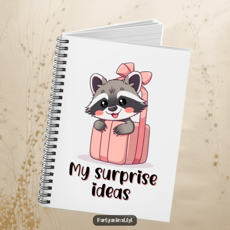 Funny raccoon notebook with a giggling raccoon peeking from behind a giant unwrapped gift, perfect for journaling.
