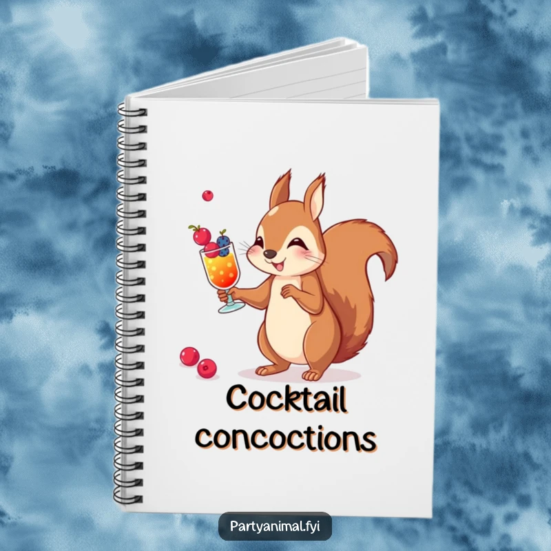 Funny notebook featuring a squirrel juggling berry cocktails, perfect for jotting down notes and ideas.