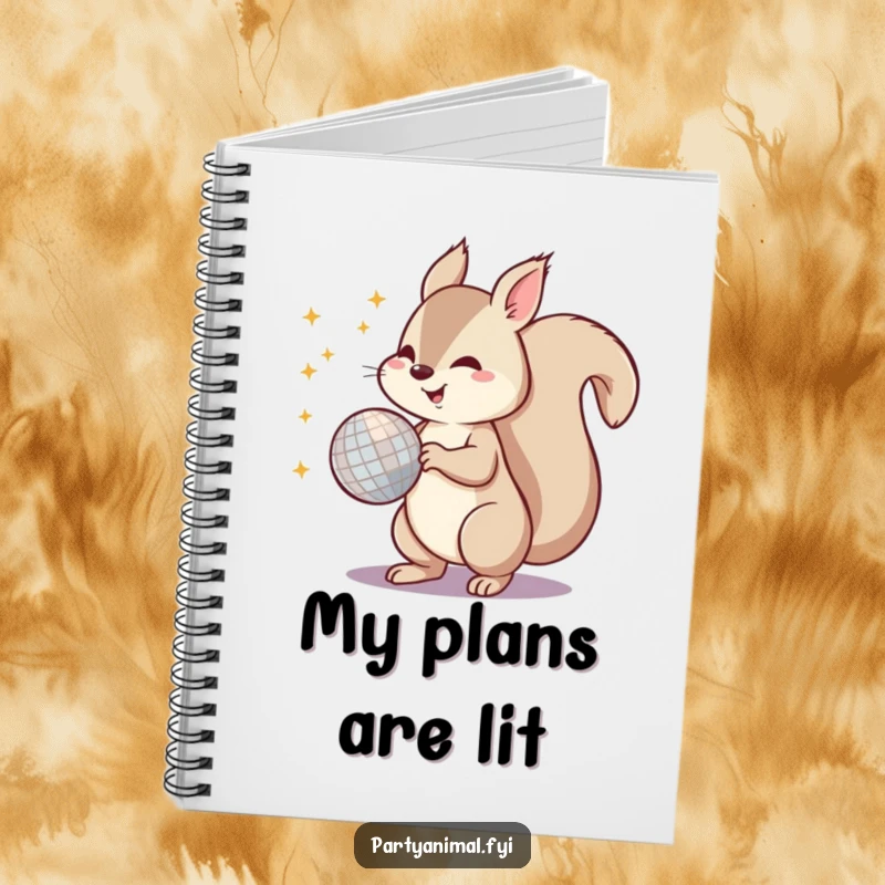 Funny notebook cover with an energetic squirrel spinning a disco ball with its tail, designed for jotting down party plans.