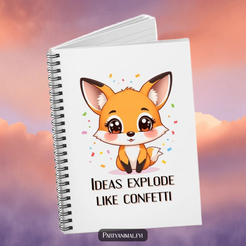 Funny notebook featuring a wide-eyed fox character juggling colorful confetti, inspiring creativity and joyful note-taking.