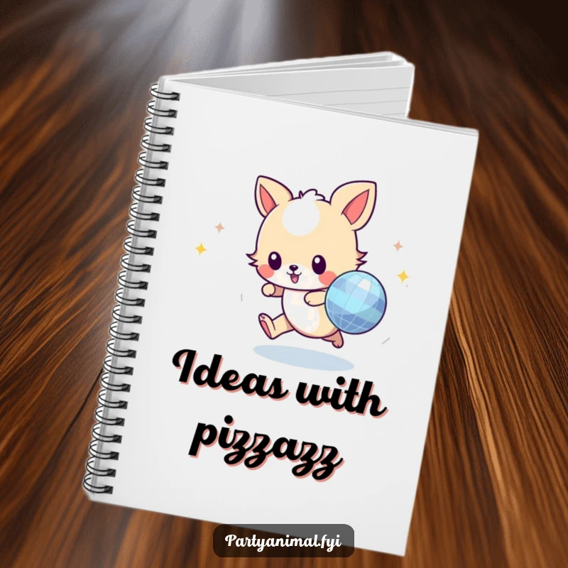 Funny animal character gleefully pursuing a shiny disco ball, perfect for capturing creative and humorous thoughts on paper.