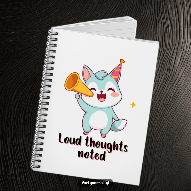 Funny notebook cover showing a happy animal character loudly blowing a party horn, inspiring fun and creativity.