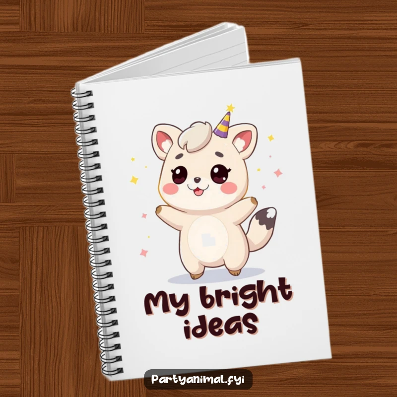 Funny animal character bouncing under party lights, featured on a notebook for jotting down ideas with a festive, humorous flair.