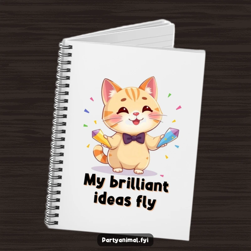 Funny notebook cover featuring a cheerful cat in a bow tie, deftly juggling three colorful confetti cones, ready for notes.
