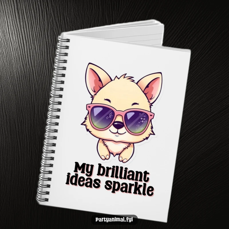 Funny animal character winking in oversized, sparkling sunglasses on a notebook cover, inspiring cool and humorous note-taking.