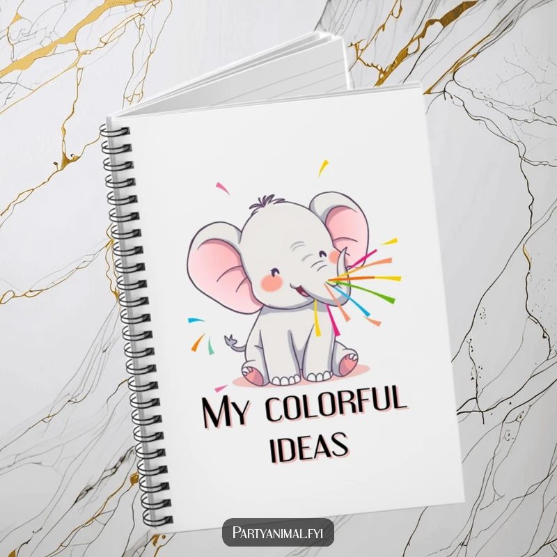 Funny Kawaii Elephant Notebook: Cute elephant spraying streamers, perfect for jotting down festive plans and ideas.