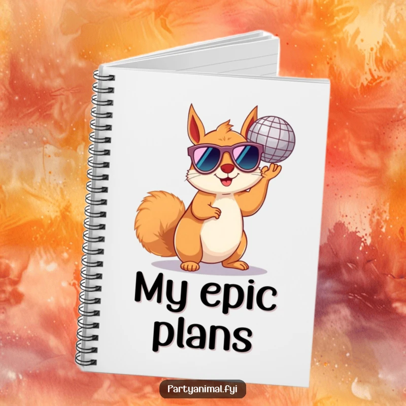 Funny squirrel notebook with a cool squirrel in sunglasses holding a disco ball, perfect for your notes.