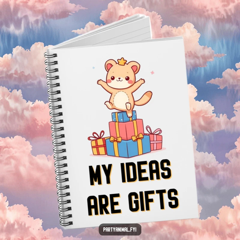 Funny animal character dancing on colorful presents on a notebook cover, inspiring joyful planning and creative ideas.