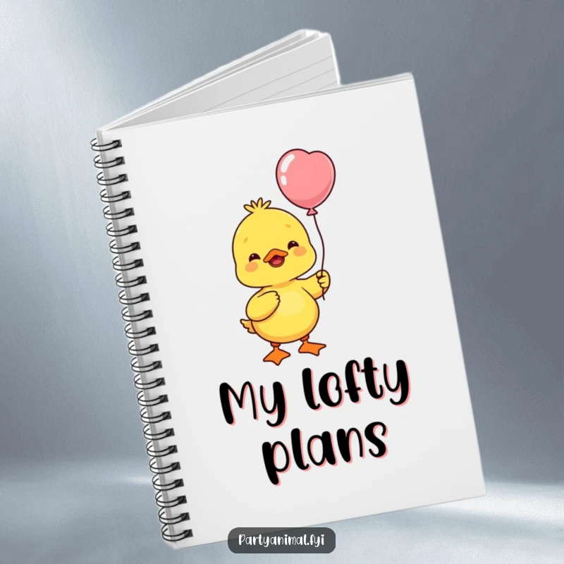 Funny yellow duck character holding a balloon and bobbing its head, ideal for jotting down happy thoughts.