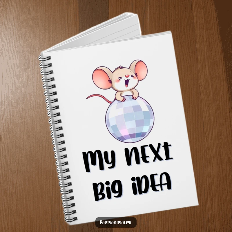 Funny notebook cover with a tiny, ecstatic mouse character joyfully riding a disco ball, ideal for capturing fun notes.