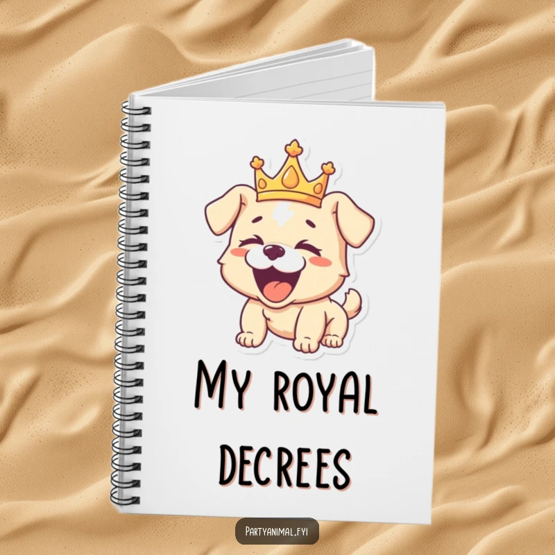 Funny notebook featuring a playful puppy crowned with a regal diadem, roaring with laughter, ideal for jotting down ideas with joy.
