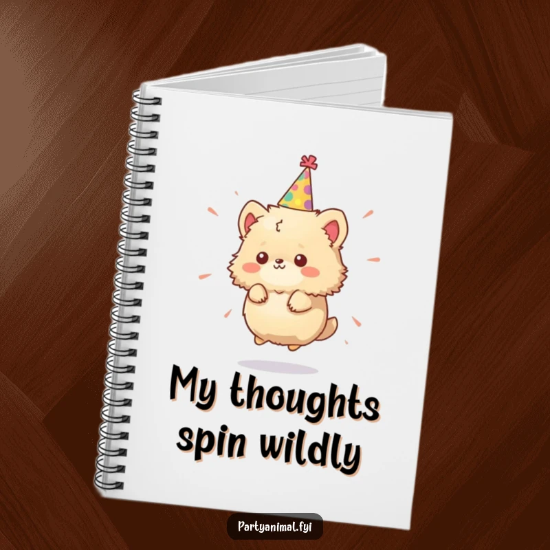 Funny Notebook: A tiny, fluffy animal character in a party hat spins with wild energy, inspiring creative thoughts.