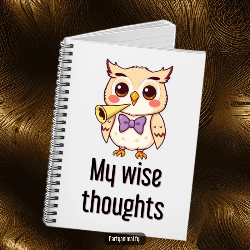 Funny Notebook featuring a bow-tied owl blowing a party horn, ideal for jotting down wise thoughts.