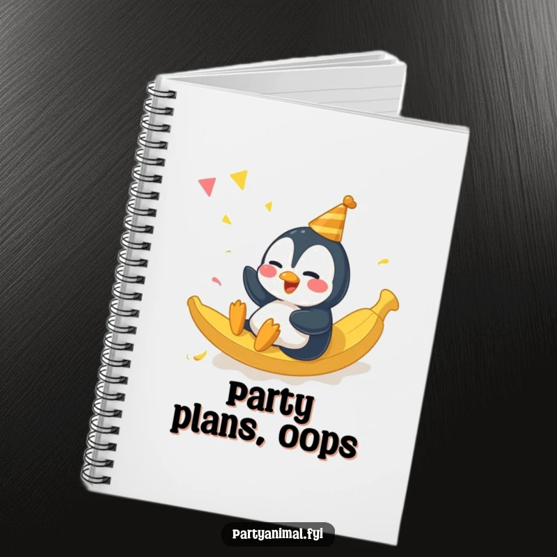 Funny giggling penguin character sliding on a banana peel at a party on a notebook cover, inspiring fun and laughter.
