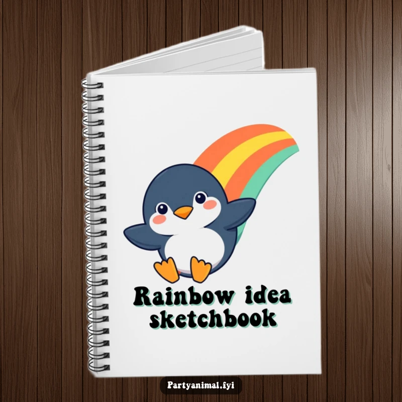 Funny notebook featuring a determined penguin character sliding down a rainbow, inspiring adventurous thoughts and joyful note-taking.