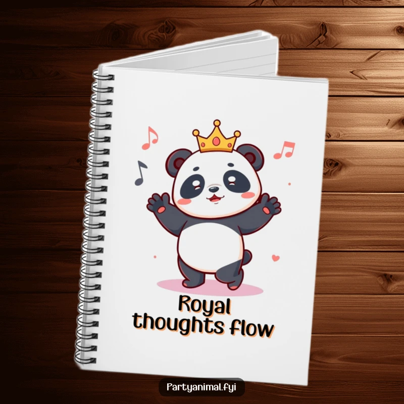 Funny notebook cover featuring a joyful panda wearing a tiny crown, dancing energetically, designed for jotting down musical ideas.