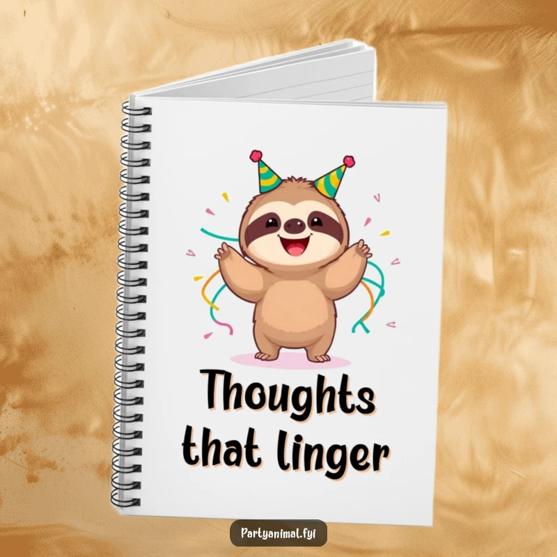 Funny happy sloth wearing party streamers, slow-motion shimmying on a notebook, perfect for jotting down notes with relaxed humor, a funny gift.