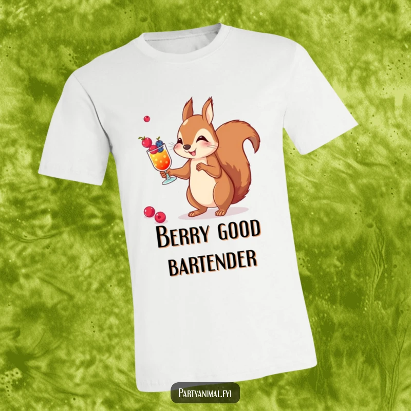 Funny t-shirt graphic of a squirrel juggling tiny berry cocktails with impressive dexterity and a playful expression.
