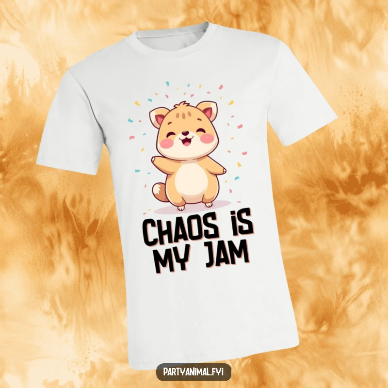 Funny t-shirt featuring a cheerful animal character expertly juggling a rainbow of confetti, radiating pure happiness and fun.
