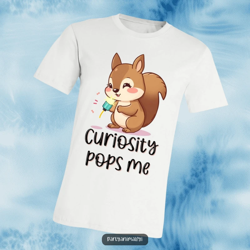 Funny Kawaii Squirrel T-Shirt: Adorable squirrel examining a glowing party popper, highlighting curiosity and playful anticipation.