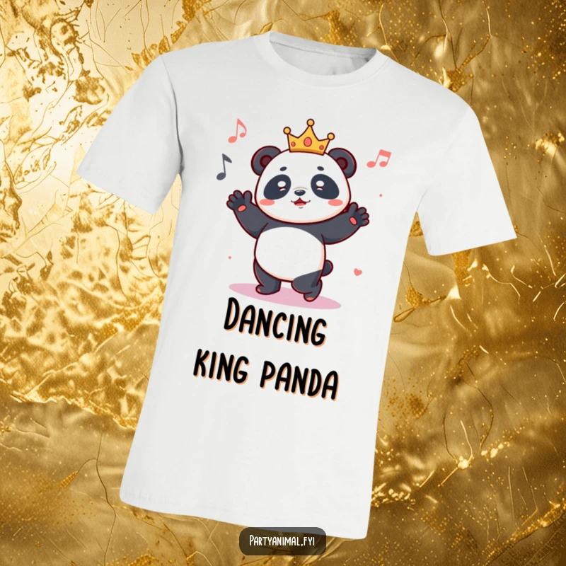 Funny t-shirt graphic of a happy panda wearing a small crown, dancing with abandon to the beat of its own music.